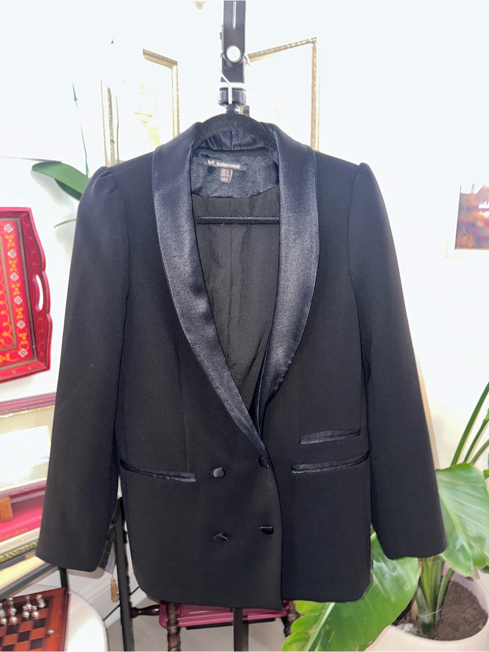 Zara Black Double-Breasted Tuxedo Blazer Satin Shawl Lapel Small